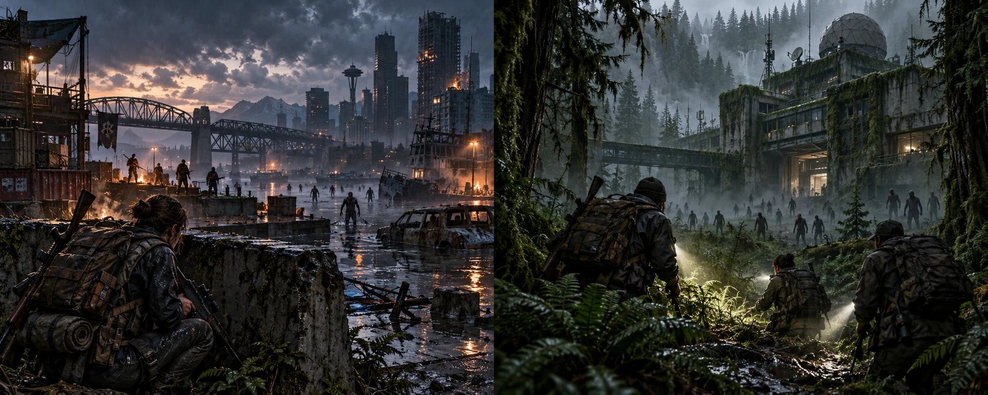 Split concept artwork showing a ruined waterfront city and an overgrown infected research complex