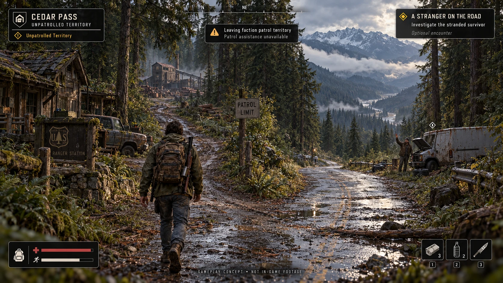A survivor on a forest road in Endured concept art